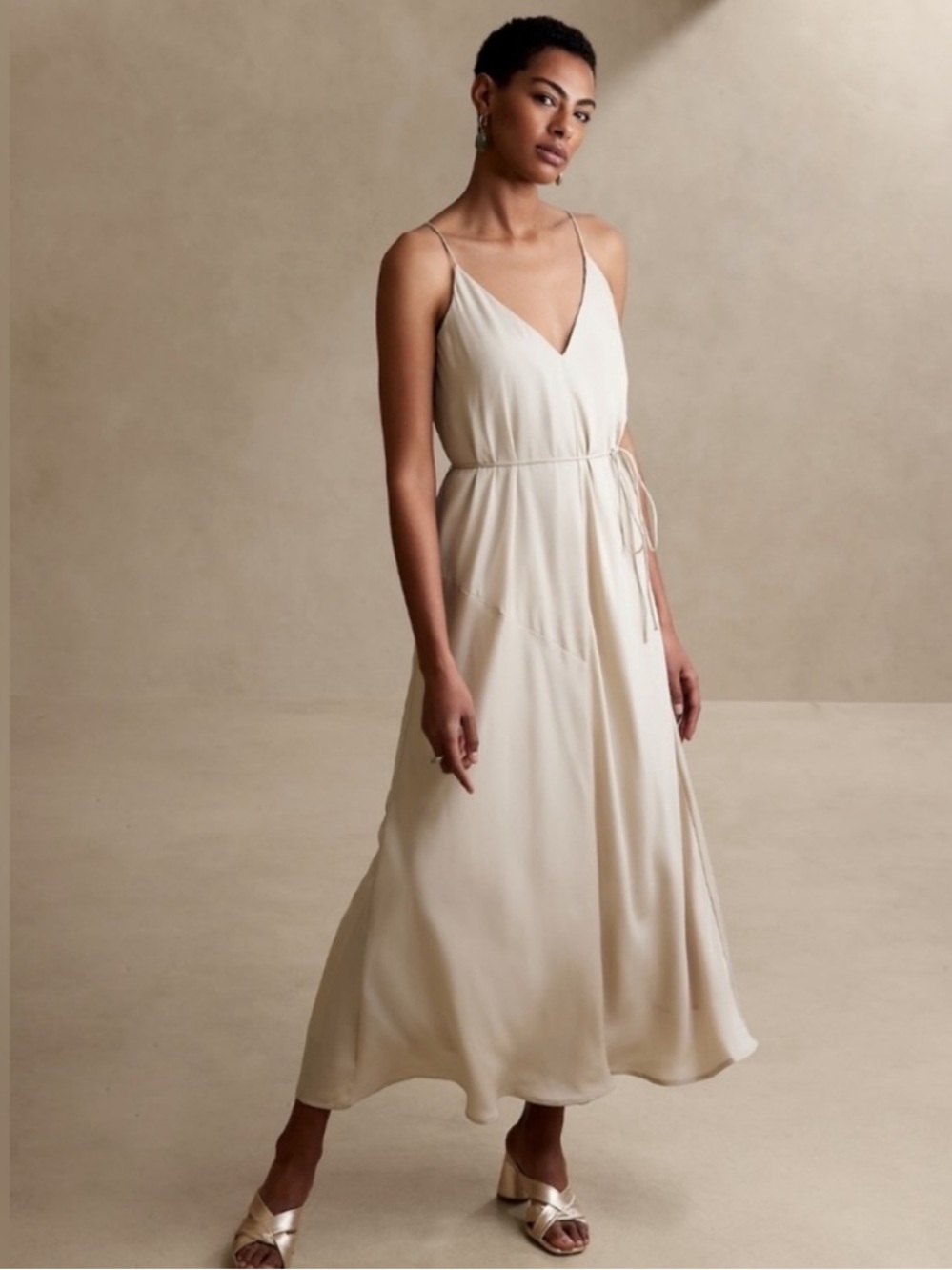 Banana Republic Oyster Pearl Asymmetrical Seam Belted Slip Midi Dress Medium